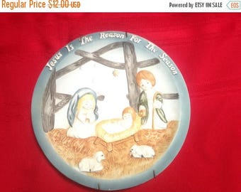 Christmas in July Sale Vintage Christmas Plate, Jesus Is the Reason for The Season, Manger Scene with Boy and Girl