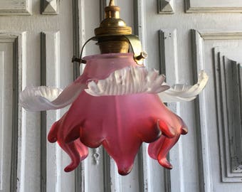 Antique pink glass, French ceiling shade, pate de verre, opaque crimson, RARE lampshade, ceiling light, 1900's vintage French chic, winged