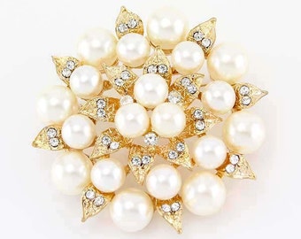 Rhinestone Pearl Brooch, Gold Bridal Brooch, Crystal Gold Brooches Bouquet, Gold Wedding Broach, Rhinestone Pearl Brooches