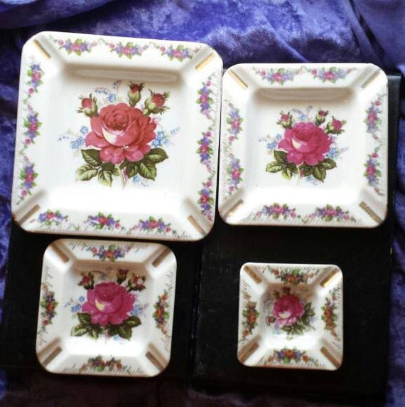 Ashtrays Rose 4 Stacking Ceramic Vintage Large to Small