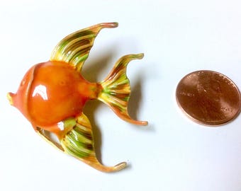 Vintage Signed Original by Robert Enamel Angel Fish Brooch Pin Orange Green Gold Tone