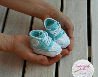 Booties, crochet shoes converse-newborn-size 16-3-6 months-teal cotton