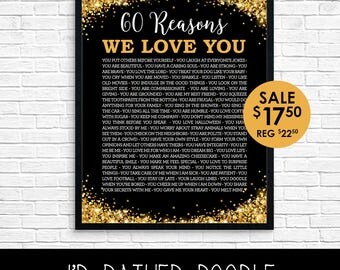 Reasons We Love You - Reasons We Love You - 60 Reasons - Gold Glitter - Customized Printable Poster - Birthday Anniversary - Digital