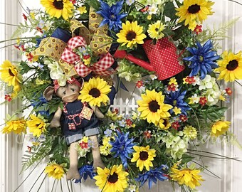 Summer Wreath, Sunflower Wreath, Farmhouse Wreath, Floral Wreath, Front Door Wreaths, Cow Decor, Extra Large Front Door Wreath, Farm Decor
