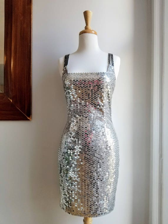 Sequin Cocktail Dress/Silver Sequin Strappy Dress/Fitted