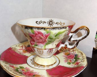 Pink Roses Pedestal Footed Teacup and Saucer with Gold Gilt,L M Royal Halsey, Vintage Teacup and Saucer