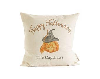 Happy Halloween Pillow, Customized Names, Pumpkin Halloween Decor, Halloween Party, Rustic Linen or Cotton Canvas