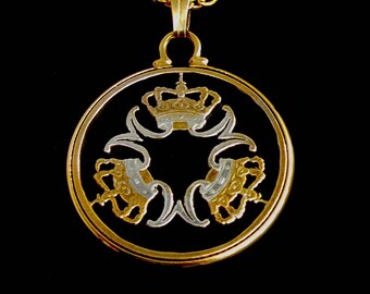 Denmark Three Crowns and Letter M's Cut Coin Pendant Danish 5 Krone Gold and Silver Plated Mounted in a Cinch Coin Holder
