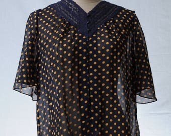 Vintage navy mustard yellow polka dot V neck blouse