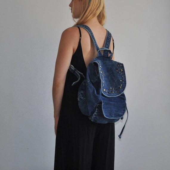 90s Bejeweled Denim Backpack // Jean Purse Bag // Bedazzled