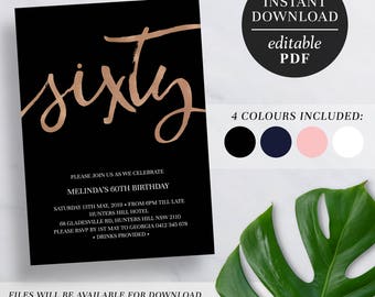 Printable 60th Birthday Invitation Rose Gold Foil | Editable Template | Faux Foil | 60 | Sixty | 60th Birthday Invite | Navy | Pink | Black