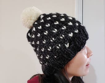 Chunky Pom Pom Hat in Charcoal black and white - Fair isle