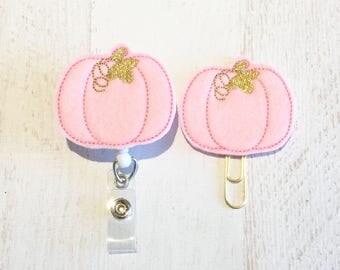 Fall Halloween Pink Pumpkin Felt Paperclip l Badge Reel ID Holder l Magnet l Brooch Pin l Planner Clip ID Lanyard Planner Accessories (108)