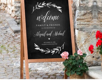 Wedding Welcome Sign Printable, Chalkboard Wedding Poster, Rustic Laurels, Fully Editable Template, Instant Download, 18x24 #023-101LS