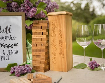Custom made engraved Oak wood jenga wedding game, Personalized wedding gift guest book, Anniversary gift for couple, Jenga tower game