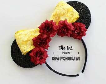 Belle Beauty and the Beast Themed Mouse Ears Headband ~ Red Roses and Yellow Sparkle Bow