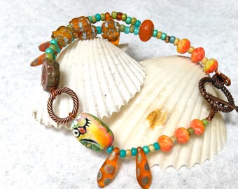 Birdy Nom Noms - Whimsical Orange & Turquoise Beaded Bracelet