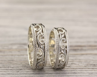 vintage style silver wedding bands nature wedding rings couple rings leaves wedding band - Nature Wedding Rings vintage style silver wedding bands nature wedding rings couple rings leaves wedding band - Nature Wedding Rings