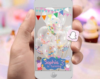 Peppa Pig Birthday Party Snapchat Filter with Custom Name & Age with Bunting Banners at the Top - Pink Pig Kids Birthday