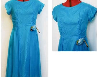 Blue 50s Party Wiggle Dress with Fabric Rose