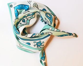 Blue/green mandala silk neck scarf or silk bandana
