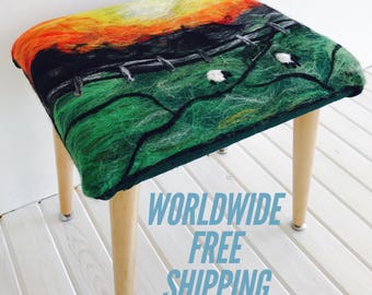 Unique Handmade Needle Felting Art Foot Stool, Ottoman, Foot Rest, Bench