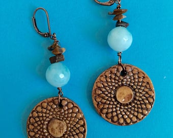 Blue Agate Earrings, Dangle Earrings, Polymer Clay earrings, Women's earrings, womens jewelry, Brown Boho earrings, Earrings