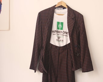 Smart Pants / 70s Synthetic Plaid Herringbone Suit Pant Suit with Button Belted Jacket and Trousers / Matching Set / Womens XS - S Size 4