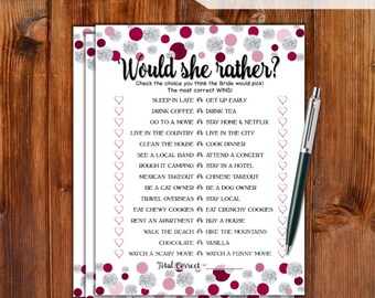 Would She Rather Bridal Shower Game - Cranberry Dots & Diamonds Printable Bridal Shower Game - Bachelorette Party Night Party Game DD79-CB