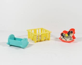 1972 Fisher Price Baby Furniture Dollhouse Play Set Cradle Rocking Horse Playpen 70s Doll House Furniture