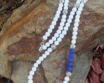 White, Silver and Royal Blue Beaded Necklace