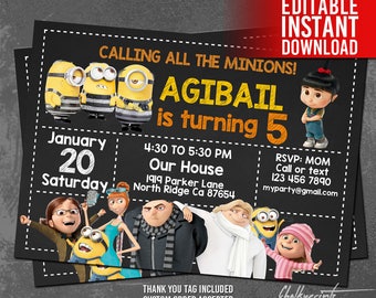Minions Invitations, Minions Birthday Invitation, Minion Party, Minion Invited, Minion Thank You Tag Free, Editable PDF, Instant Download