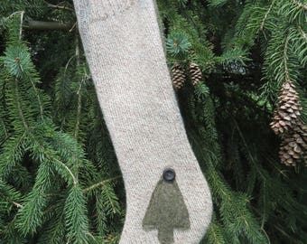 100% Felted wool Christmas stocking upcycled sweater green/tan tree