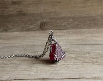 Rough Garnet Necklace, Raw Garnet Pendant, Oxidized Sterling Silver Chain, Handmade Rustic Jewelry