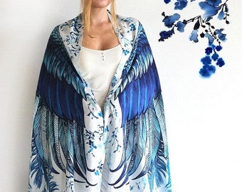 SALE Blue Wings Scarf, Birthday Gift for Women, Festival Clothing, Beach Sarong, Boho Shawl, Bohemian Wing Shawl, Printed Shawl, Beach Wrap