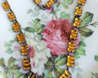 Antique Amber Gold Czech Art Deco Vauxhall Mirror Glass Stepped Necklace