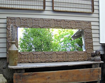 Old Ceiling Tin Tile Mirror. Rustic mirror. Architectural salvage. Rusty primitive farmhouse mirror. Pressed tin mirror. Wall mirror