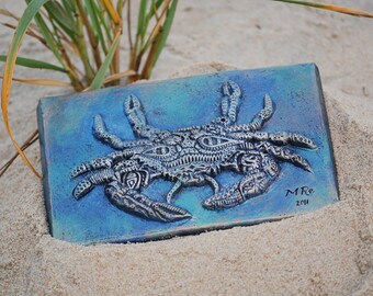 Crab Ocean Art Sculpture, Beach Decor, Garden Stone Art Wall Plaque, Maryland Blue Crab Tile