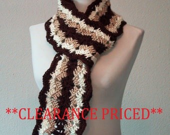 CLEARANCE PRICED 60% OFF - Long Scarf Brown-Tan-Ivory - Hand Crocheted - Soft Acrylic Yarn - Handmade - Ladies & Teens - Ready to Ship