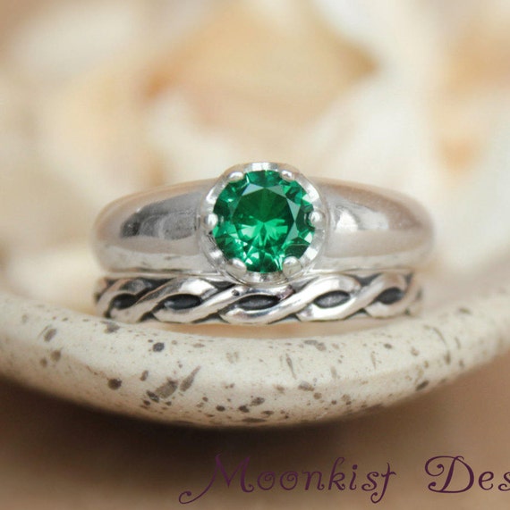 Green Spinel Silver Wedding Ring Set Silver Celtic Band Set