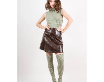 Vintage mock neck top and thigh high socks set / 1960s Mod argyle print sleeveless shirt and matching stockings M