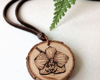 Wood Flower Necklace, Natural Wood Jewelry, Orchid Wood Slice, Boho, Wood Burning Art, Adjustable Leather, Copper Wrapped, Handmade