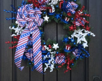 Summer Wreath-July Fourth-Memorial Day-Patriotic-Door Wreath Decor-Stars and Stripes-Flag Ribbon-Indoor/Outdoor Decoration