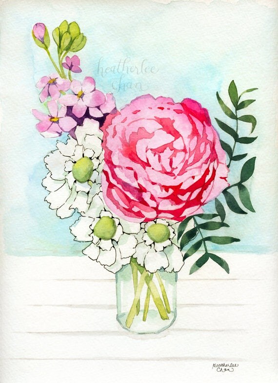 Flowers in Mason Jar Painting Watercolor Print