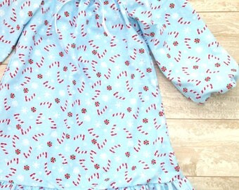 Girls Christmas Holiday Flannel Nightgown Pajamas, Long Puff Sleeves, Candy Canes, Made to Order SIZES 6, 7, 8