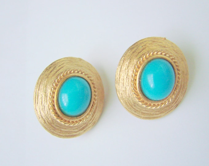 1980s Vintage Faux Turquoise Textured Gold Tone Clip Earrings / Button Motifs / Mock Beading / CIJ Sale 20% Coupon Code (CIJSale1)