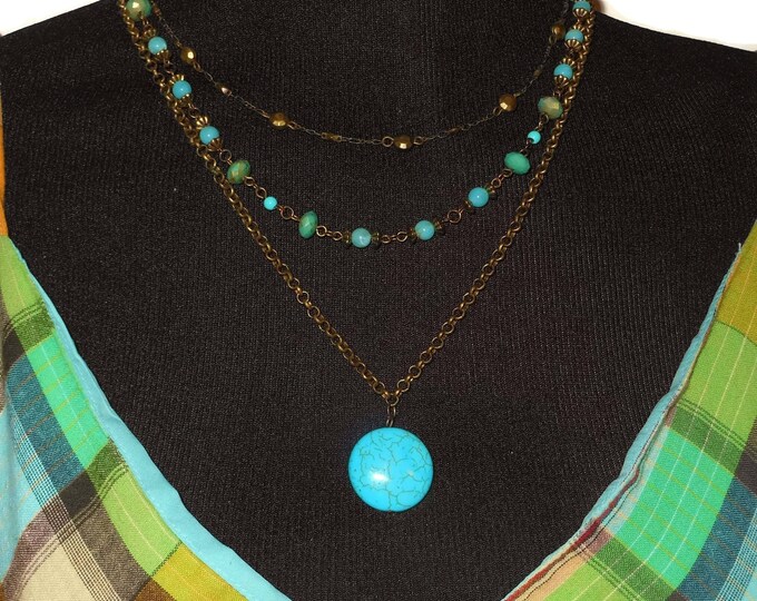 FREE SHIPPING Turquoise 3 strand necklace, dyed howlite magnesite, bronze chains, Boho tribal southwestern, statement light