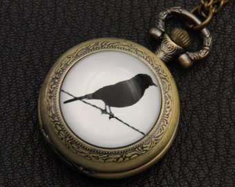 Necklace Pocket watch black bird