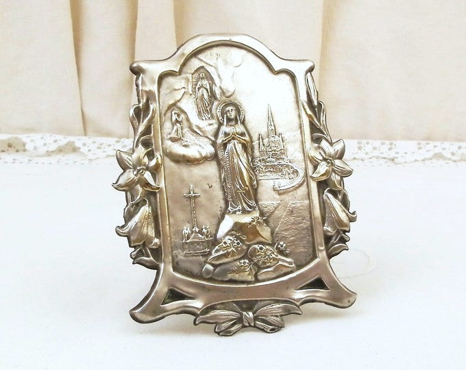 Antique Repousse Embossed Silver Plated Image of Virgin Mary with Lourdes Basilica Framed with Lillis, Our Lady Catholic Religious Picture