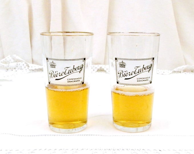2 Vintage Tuborg Beer Glasses with Gold Rim 25 cl from France, Pair Retro Danish Beer Glass, Biere Tuborg Copenhagen Denmark, Brewania
